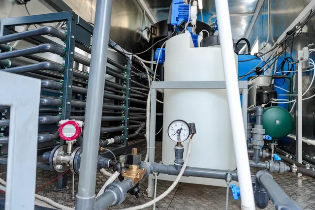 Membrane housings, dosing vessels and process pipework inside a treatment module