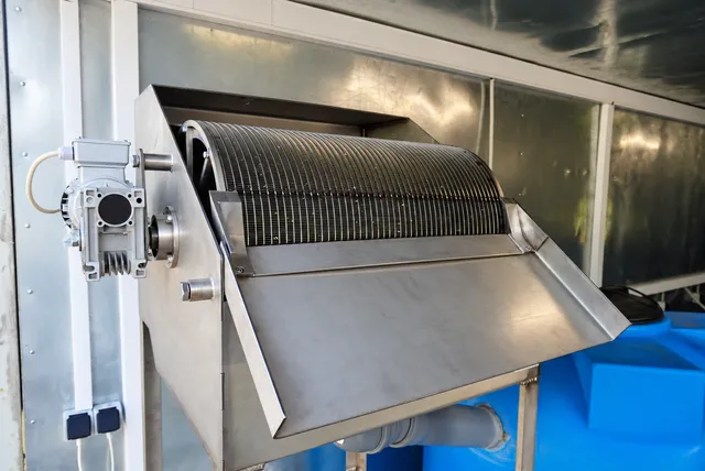 Stainless steel rotary drum screen for preliminary solids separation