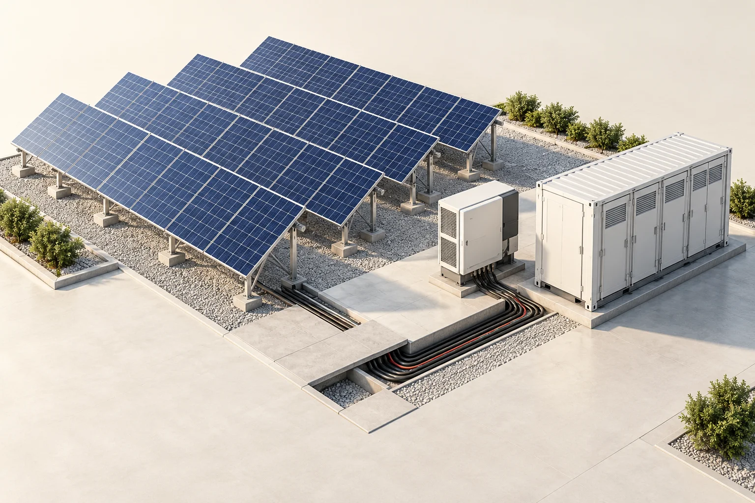 3D concept of a solar array integrated with battery storage and an inverter