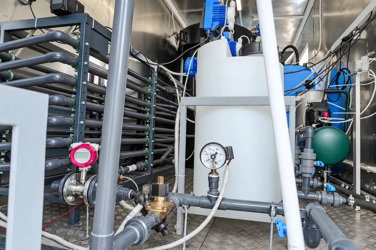 Water treatment module interior with membrane vessels, dosing equipment and instrumentation